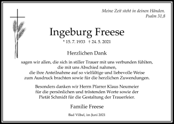 Traueranzeige von Ingeburg Freese von Bad Vilbel/Karben