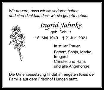 Traueranzeige von Ingrid Jahnke von Licher Wochenblatt