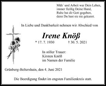 Traueranzeige von Irene Knöß von Giessener Allgemeine, Alsfelder Allgemeine