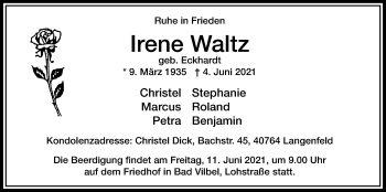 Traueranzeige von Irene Waltz von Bad Vilbel/Karben