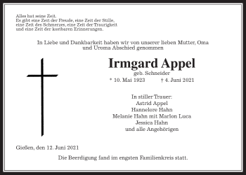 Traueranzeige von Irmgard Appel von Giessener Allgemeine, Alsfelder Allgemeine