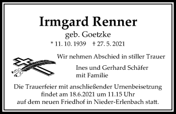 Traueranzeige von Irmgard Renner von Bad Vilbel/Karben