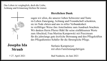 Traueranzeige von Josepha Ida Straub von Wetterauer Zeitung
