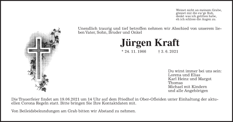  Traueranzeige für Jürgen Kraft vom 16.06.2021 aus Alsfelder Allgemeine