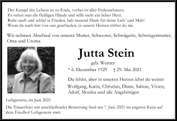 Traueranzeigen von Jutta Stein | mittelhessen-gedenkt.de