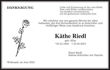 Traueranzeige von Käthe Riedl von Wetterauer Zeitung