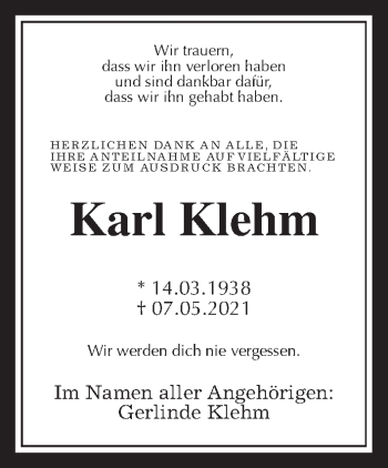 Traueranzeige von Karl Klehm von Wetterauer Zeitung