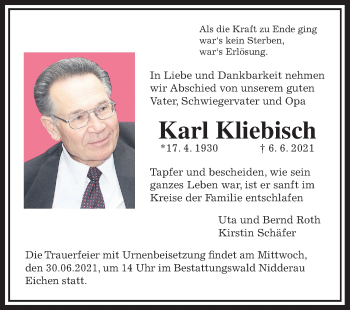 Traueranzeige von Karl Kliebisch von Wetterauer Zeitung