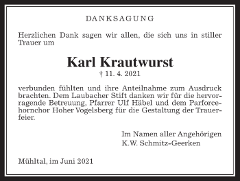 Traueranzeige von Karl Krautwurst von Laubacher Anzeiger
