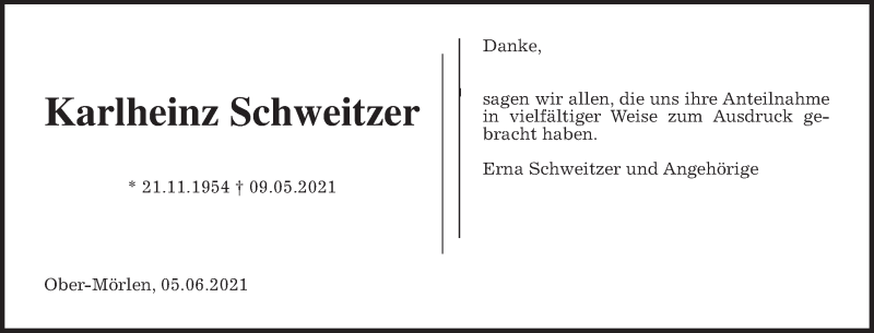  Traueranzeige für Karlheinz Schweitzer vom 05.06.2021 aus Wetterauer Zeitung