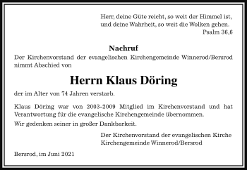 Traueranzeige von Klaus Döring von Reiskirchener Anzeiger