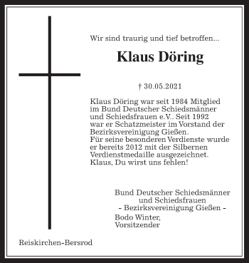 Traueranzeige von Klaus Döring von Giessener Allgemeine, Alsfelder Allgemeine