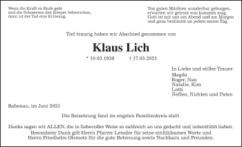 Traueranzeige von Klaus Lich von Rabenauer Zeitung, Allendorfer Mitteilungen