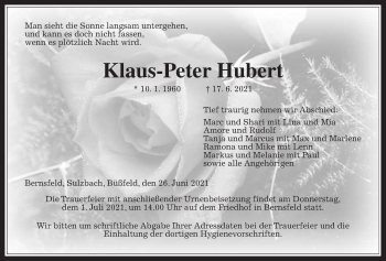 Traueranzeige von Klaus-Peter Hubert von Giessener Allgemeine, Alsfelder Allgemeine
