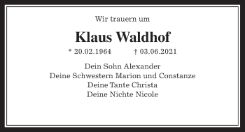 Traueranzeige von Klaus Waldhof von Wetterauer Zeitung