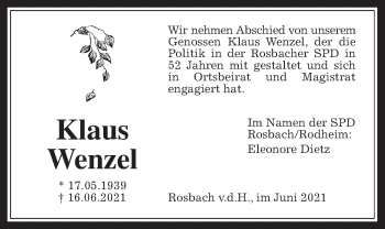 Traueranzeige von Klaus Wenzel von Wetterauer Zeitung