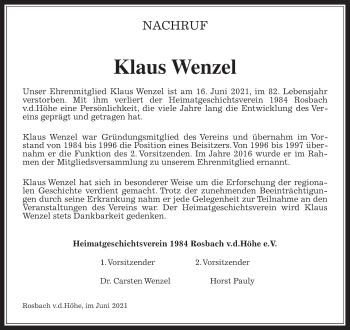 Traueranzeige von Klaus Wenzel von Wetterauer Zeitung