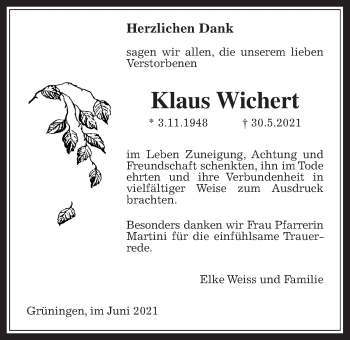 Traueranzeige von Klaus Wichert von Pohlheimer Nachrichten