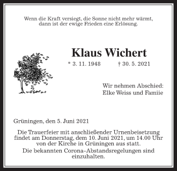 Traueranzeige von Klaus Wichert von Giessener Allgemeine, Alsfelder Allgemeine