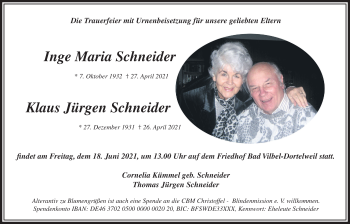Traueranzeige von Klaus Jürgen Schneider von Bad Vilbel/Karben