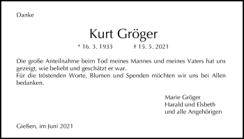 Traueranzeige von Kurt Gröger von Giessener Allgemeine, Alsfelder Allgemeine