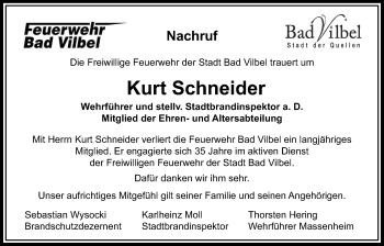 Traueranzeige von Kurt Schneider von Bad Vilbel/Karben