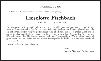 Traueranzeige von Lieselotte Fischbach von Wetterauer Zeitung