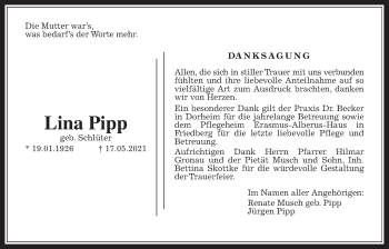 Traueranzeige von Lina Pipp von Wetterauer Zeitung