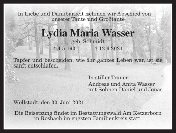 Traueranzeige von Lydia Maria Wasser von Wetterauer Zeitung