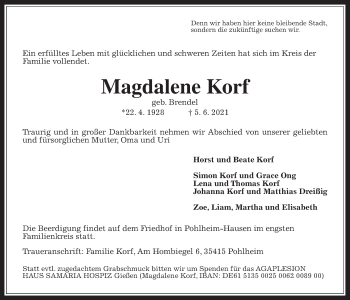 Traueranzeige von Magdalene Korf von Pohlheimer Nachrichten