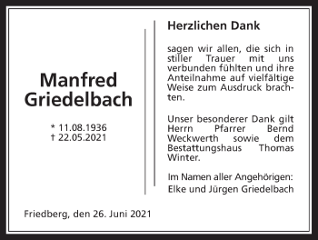 Traueranzeige von Manfred Griedelbach von Wetterauer Zeitung