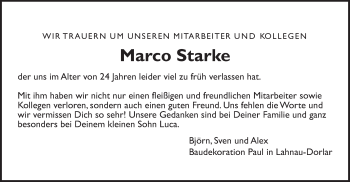 Traueranzeige von Marco Starke von Giessener Allgemeine, Alsfelder Allgemeine