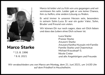 Traueranzeige von Marco Starke von Giessener Allgemeine, Alsfelder Allgemeine