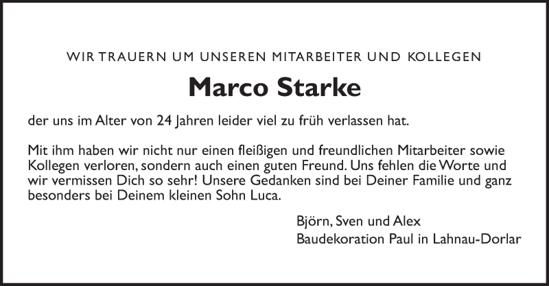  Traueranzeige für Marco Starke vom 19.06.2021 aus Giessener Allgemeine, Alsfelder Allgemeine