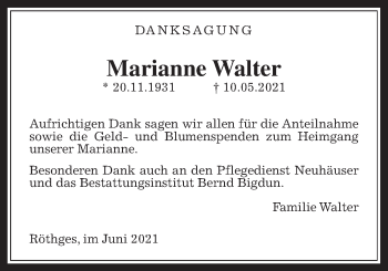 Traueranzeige von Marianne Walter von Laubacher Anzeiger
