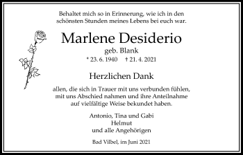 Traueranzeige von Marlene Desiderio von Bad Vilbel/Karben