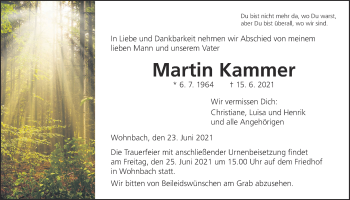 Traueranzeige von Martin Kammer von Wetterauer Zeitung, Giessener Allgemeine, Alsfelder Allgemeine