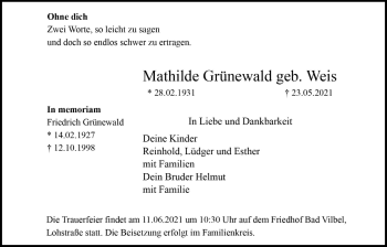 Traueranzeige von Mathilde Grünewald von Bad Vilbel/Karben