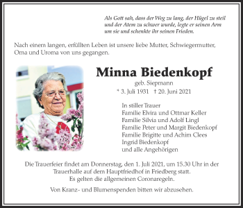Traueranzeige von Minna Biedenkopf von Wetterauer Zeitung