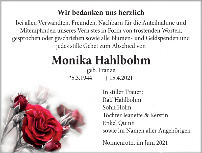  Traueranzeige für Monika Hahlbohm vom 10.06.2021 aus Licher Wochenblatt