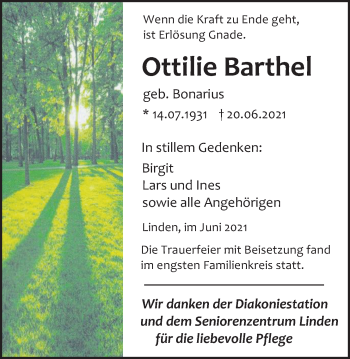 Traueranzeige von Ottilie Barthel von Giessener Allgemeine, Alsfelder Allgemeine