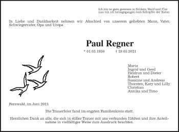 Traueranzeige von Paul Regner von Giessener Allgemeine, Alsfelder Allgemeine