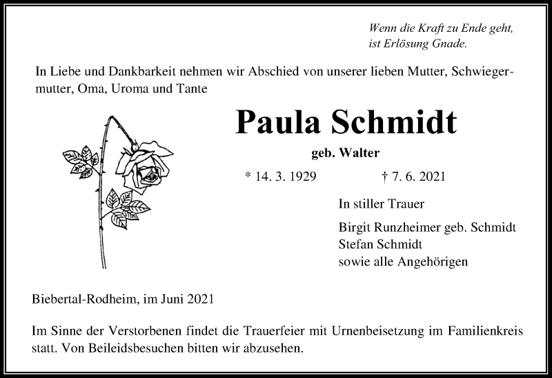  Traueranzeige für Paula Schmidt vom 18.06.2021 aus Giessener Allgemeine, Alsfelder Allgemeine