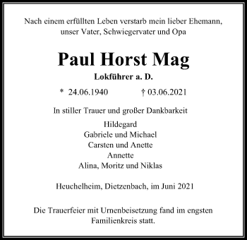 Traueranzeige von Paul Horst Mag von Giessener Allgemeine, Alsfelder Allgemeine