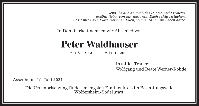  Traueranzeige für Peter Waldhauser vom 19.06.2021 aus Wetterauer Zeitung
