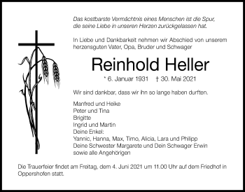 Traueranzeige von Reinhold Heller von Wetterauer Zeitung