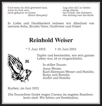 Traueranzeige von Reinhold Weiser von Wetterauer Zeitung