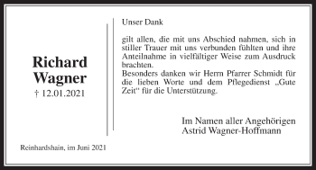 Traueranzeige von Richard Wagner von Giessener Allgemeine, Alsfelder Allgemeine