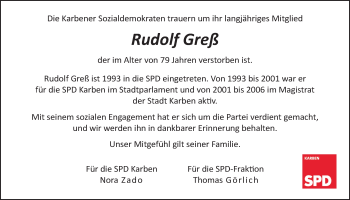 Traueranzeige von Rudolf Greß von Wetterauer Zeitung