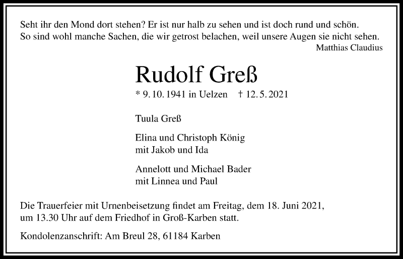  Traueranzeige für Rudolf Greß vom 04.06.2021 aus Bad Vilbel/Karben